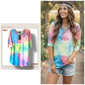 🌿Lucky & Blessed Women's Tie-Dye Cross Strap 3.4 Sleeves Tunic NWT